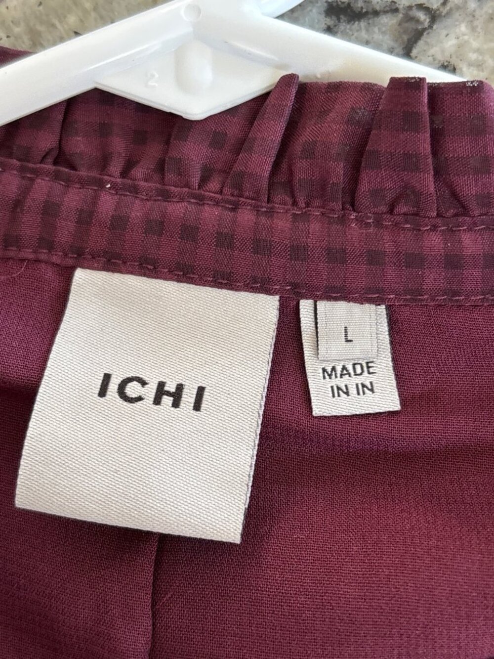 Ichi Day Dress Large Gingham Ruffle Tie V Neck Long Sleeve Tiered Mini Burgundy - Picture 3 of 5